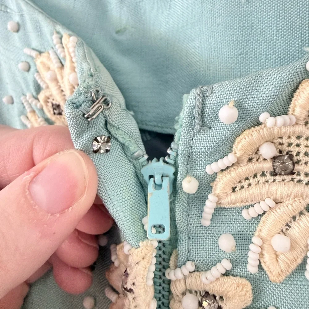 Vintage 50s 60s Baby Blue Hand Beaded Sheath Dress Lace Rhinestone Cocktail M/L - Picture 6 of 16